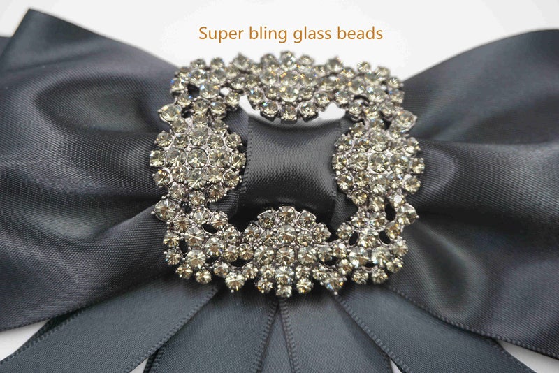 TOPAZ black Ribbon brooch pins for women rhinestone Crystal bow brooch black for Men/Women Pre-Tied Neck Tie BowTie Patriotic jabot Collar for Christmas Decoration (black/J20) - Image 3